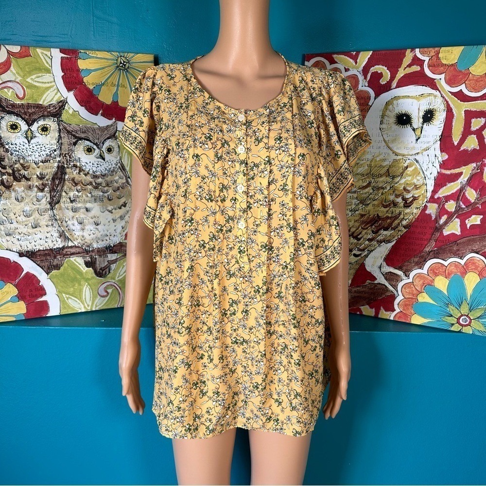 Max Studio Blouse Womens 1X Floral Yellow Boho Ruffle Sleeve Tunic Top